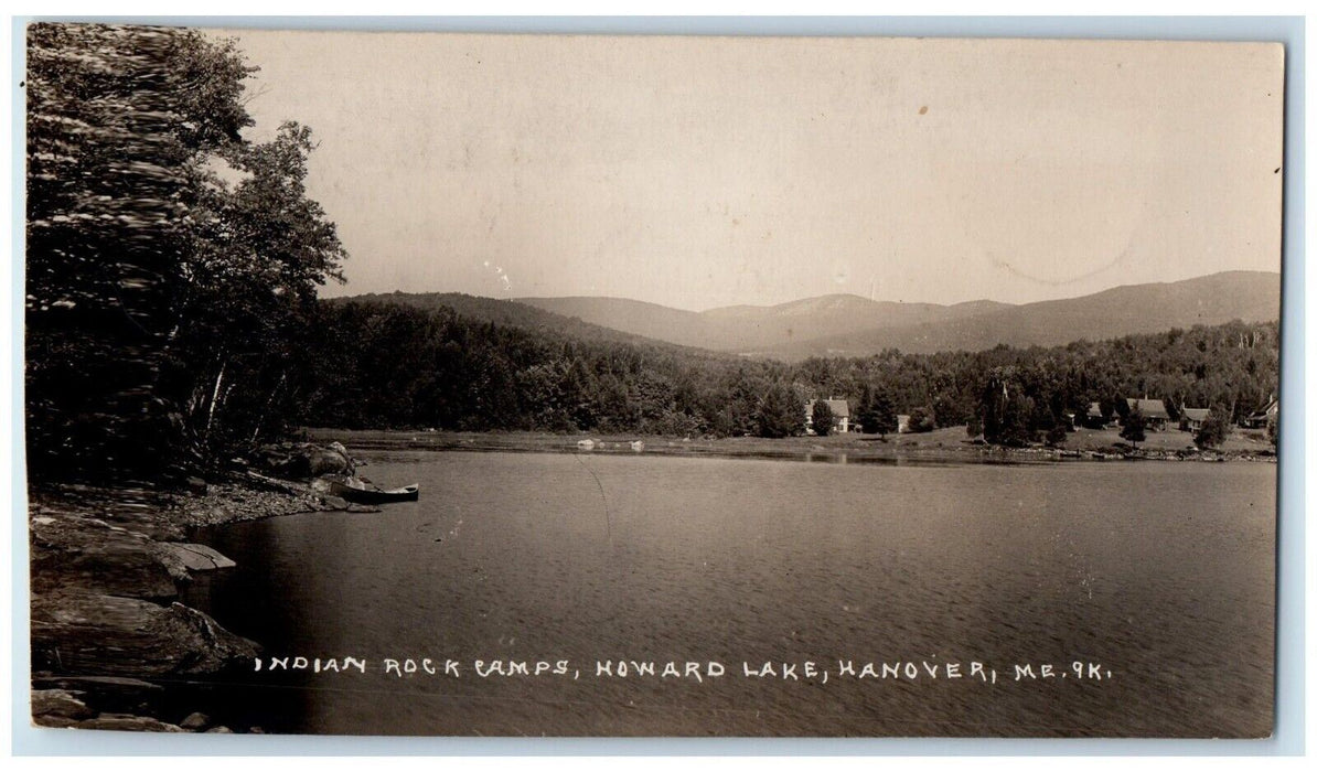 c1910's Indian Rock Camps Howard Lake Boat Hanover Maine ME RPPC Photo Postcard