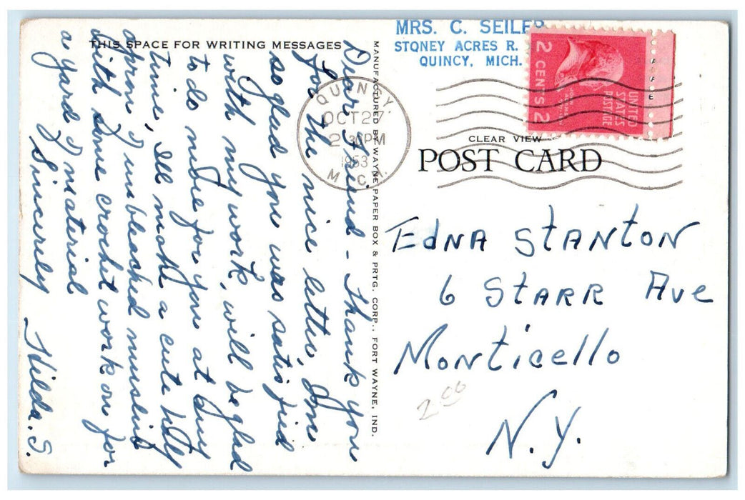 1953 Roosevelt High School Coldwater Michigan MI Mrs. C Seiler Stamp Postcard