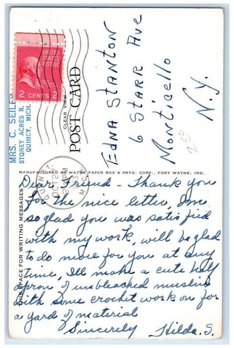1953 Roosevelt High School Coldwater Michigan MI Mrs. C Seiler Stamp Postcard