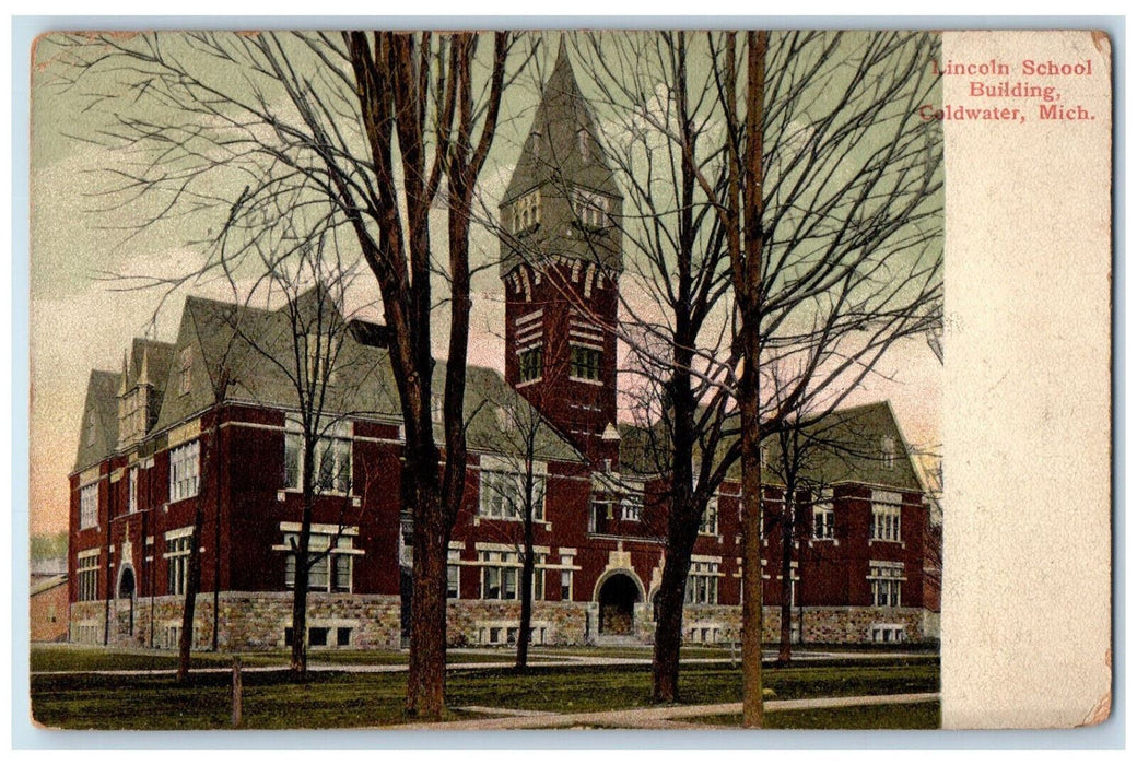 1908 Lincoln School Building Coldwater Michigan MI Antique Posted Postcard