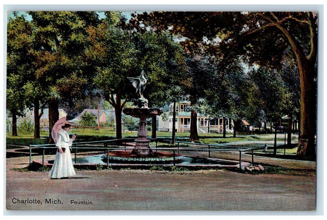 c1910 Woman with Umbrella Fountain Charlotte Michigan MI Antique Posted Postcard