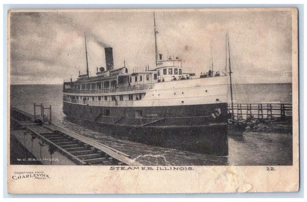 c1905 Greetings from Charlevoix Michigan MI Steamer Illinois Antique Postcard