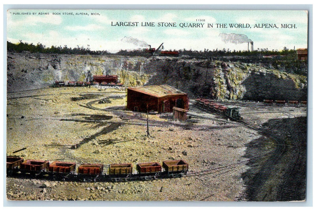 1909 Stone Quarry Train Cart Railway Alpena Michigan MI Antique Postcard