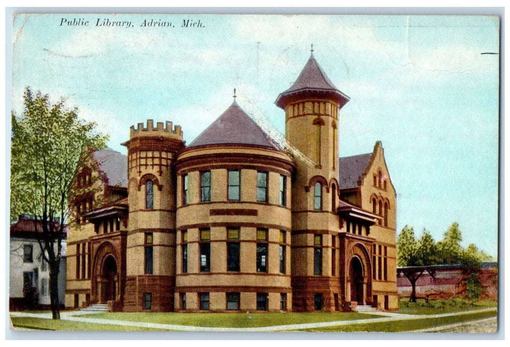 1909 Public Library Adrian Michigan MI Antique Benfer & Nachtried Postcard