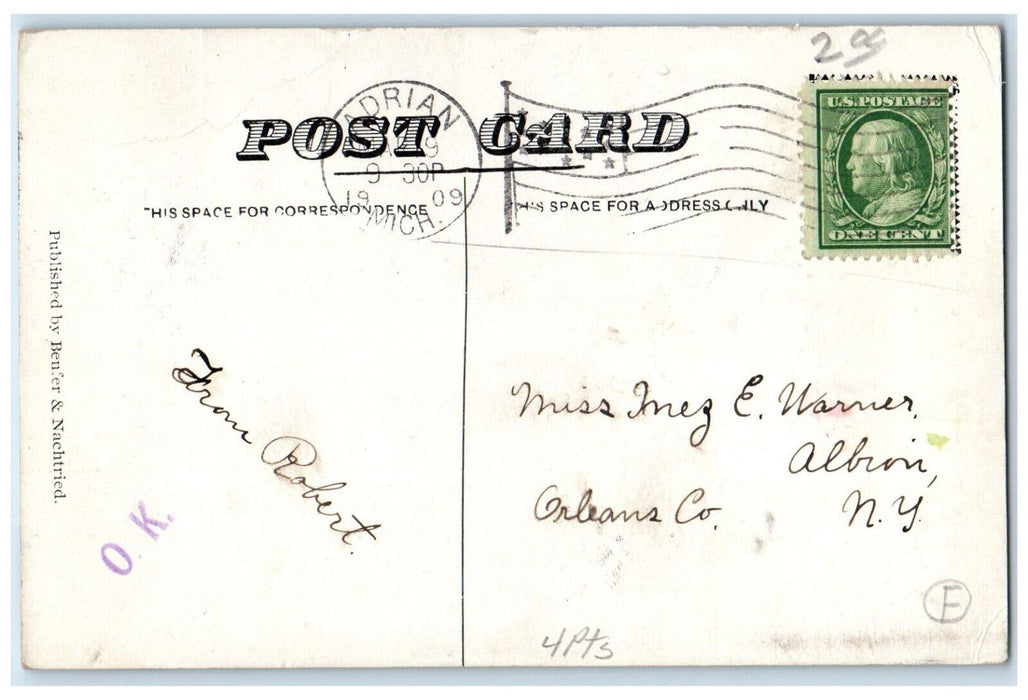 1909 Public Library Adrian Michigan MI Antique Benfer & Nachtried Postcard