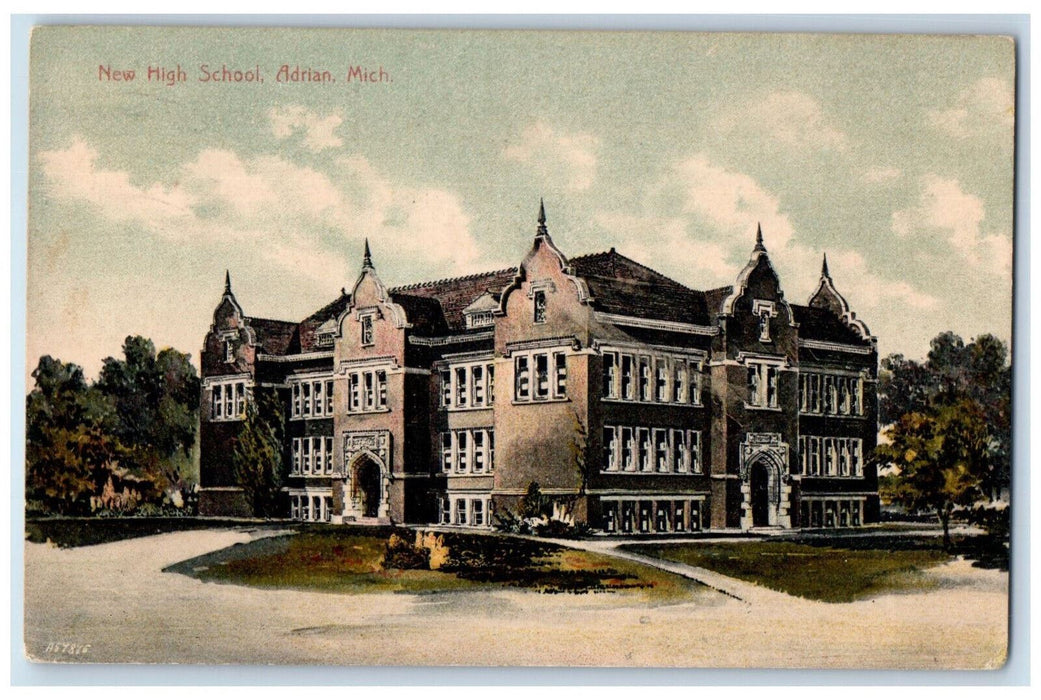 1910 New High School View at Adrian Michigan MI Antique Posted Postcard
