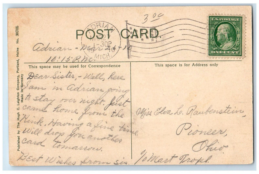 1910 New High School View at Adrian Michigan MI Antique Posted Postcard
