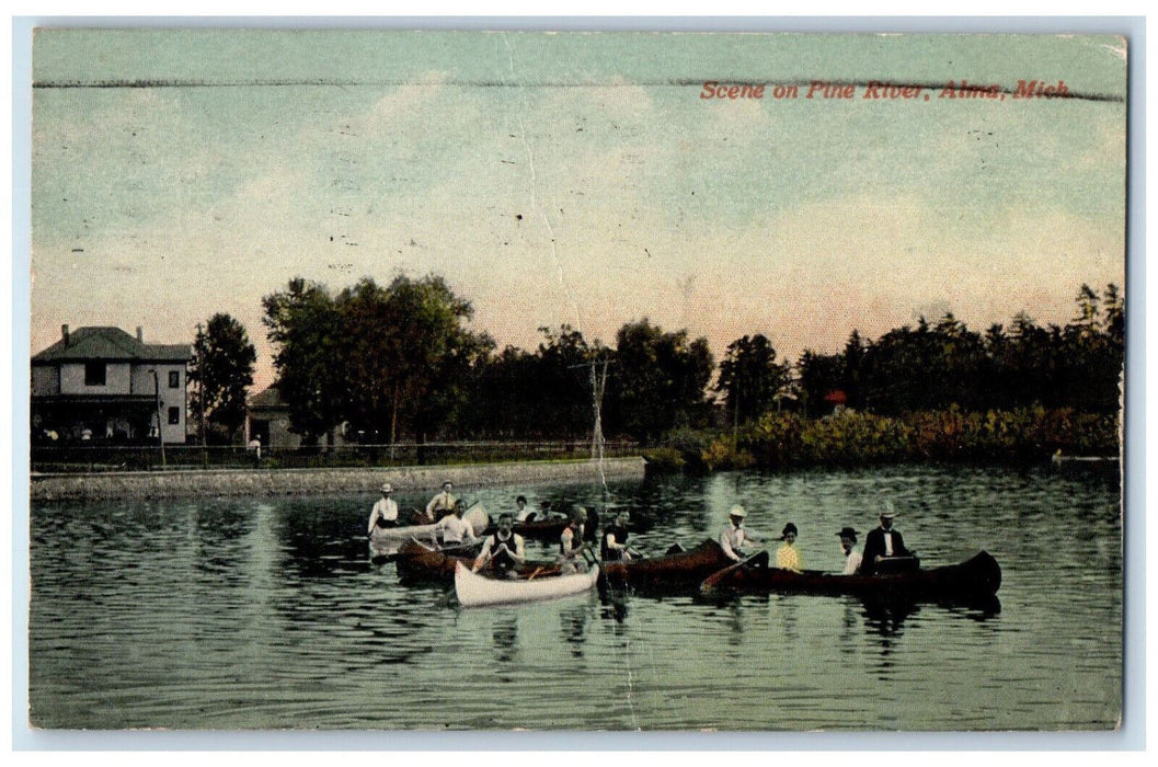 1918 Boating Scene on Pine River Alma Michigan MI Antique Posted Postcard