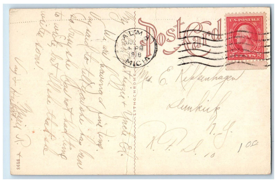 1918 Boating Scene on Pine River Alma Michigan MI Antique Posted Postcard