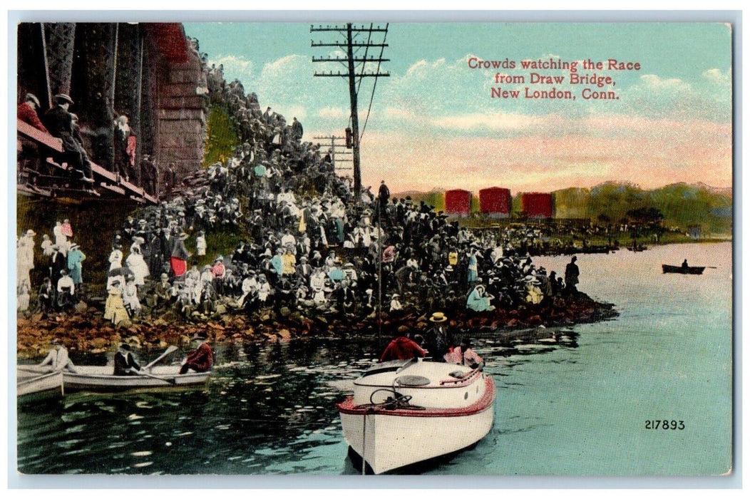 c1910 Crowds Watching Race Draw Bridge Boat New London Connecticut CT Postcard