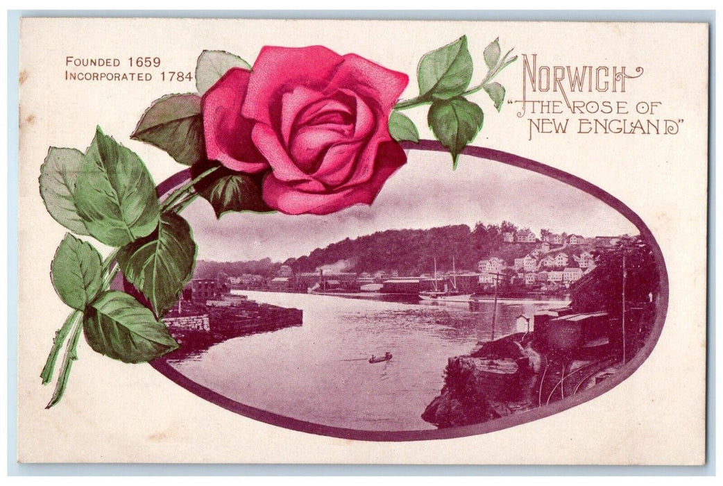 c1910 Norwich Embossed River Lake Boat Rose New England Connecticut CT Postcard