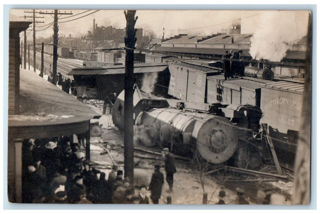 c1910's Railroad Train Wreck Disaster Depot Northern Pacific RPPC Photo Postcard