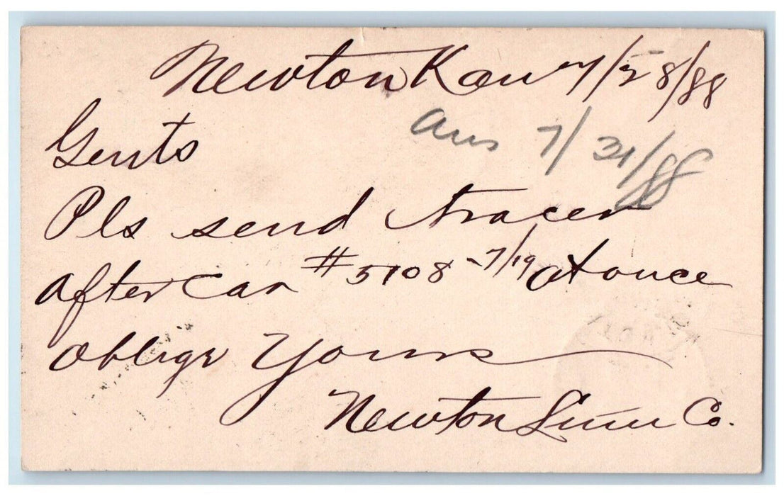 1888 Missing Keystone Fancy Cancel Newton Kansas KS Antique Postal Card