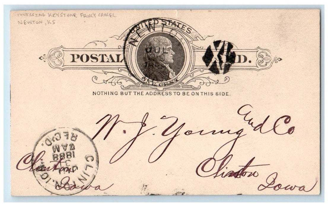 1888 Missing Keystone Fancy Cancel Newton Kansas KS Antique Postal Card