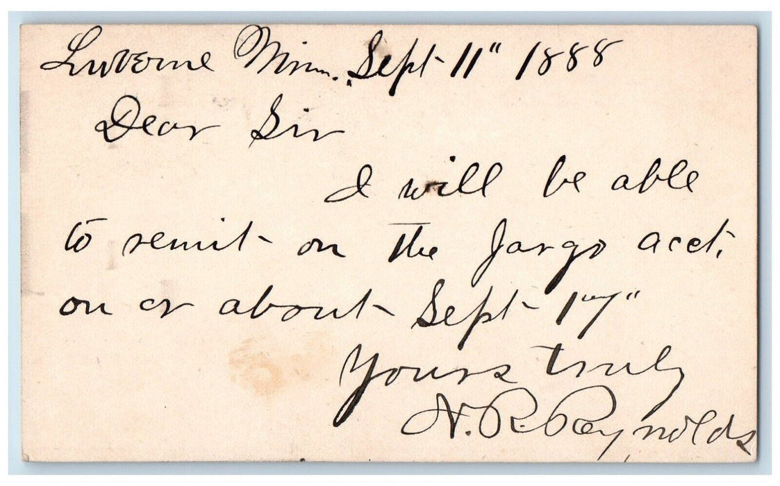 1888 NR Reynolds Luvern Minnesota MN Omaha NE Antique Posted Postal Card