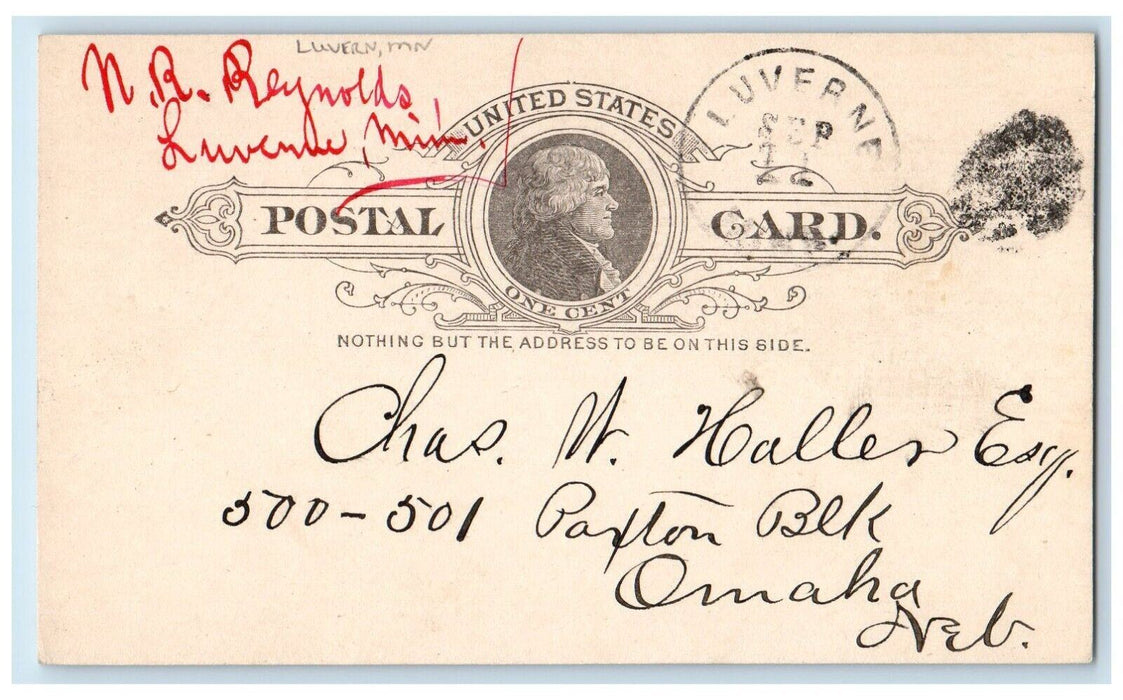 1888 NR Reynolds Luvern Minnesota MN Omaha NE Antique Posted Postal Card