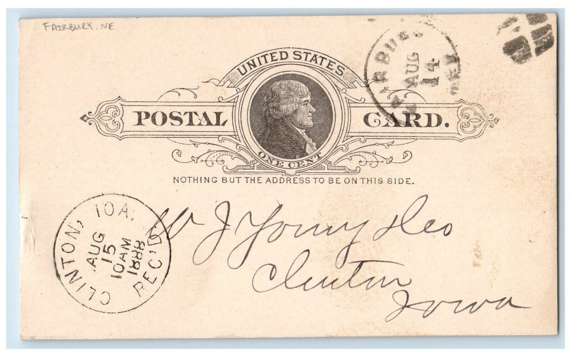 1888 Lumber Car Order Fairbury Nebraska NE Clinton Iowa IA Antique Postal Card
