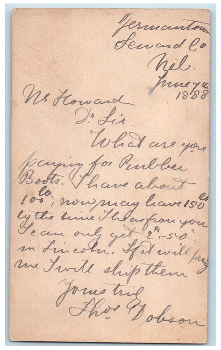 1888 Rubber Boots Ship Germantown Nebraska NE Omaha NE Antique Postal Card