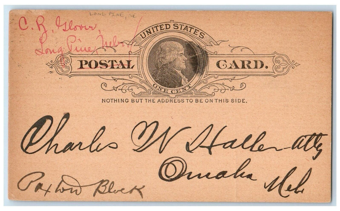 1890 Brown County Bank C.R. Glover Long Pine Nebraska NE Omaha NE Postal Card
