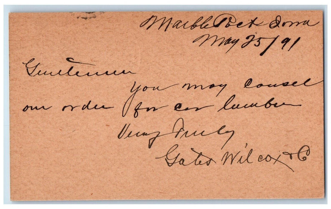 1891 Lumber Order Gates Wilcox & Co. Marble Rock Iowa IA Clinton IA Postal Card