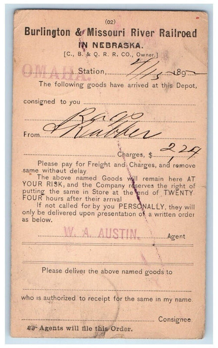 1892 Burlington & Missouri River Railroad in NE Weeping Water NE Postal Card