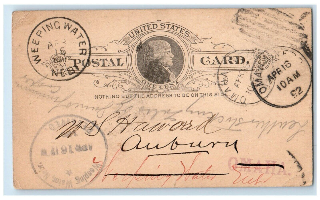 1892 Burlington & Missouri River Railroad in NE Weeping Water NE Postal Card