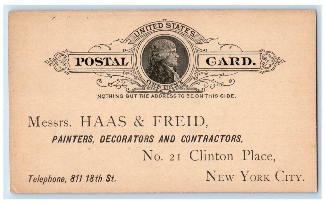 c1880's Messrs. Haas & Freid Painters Decorators Contractors NY City Postal Card