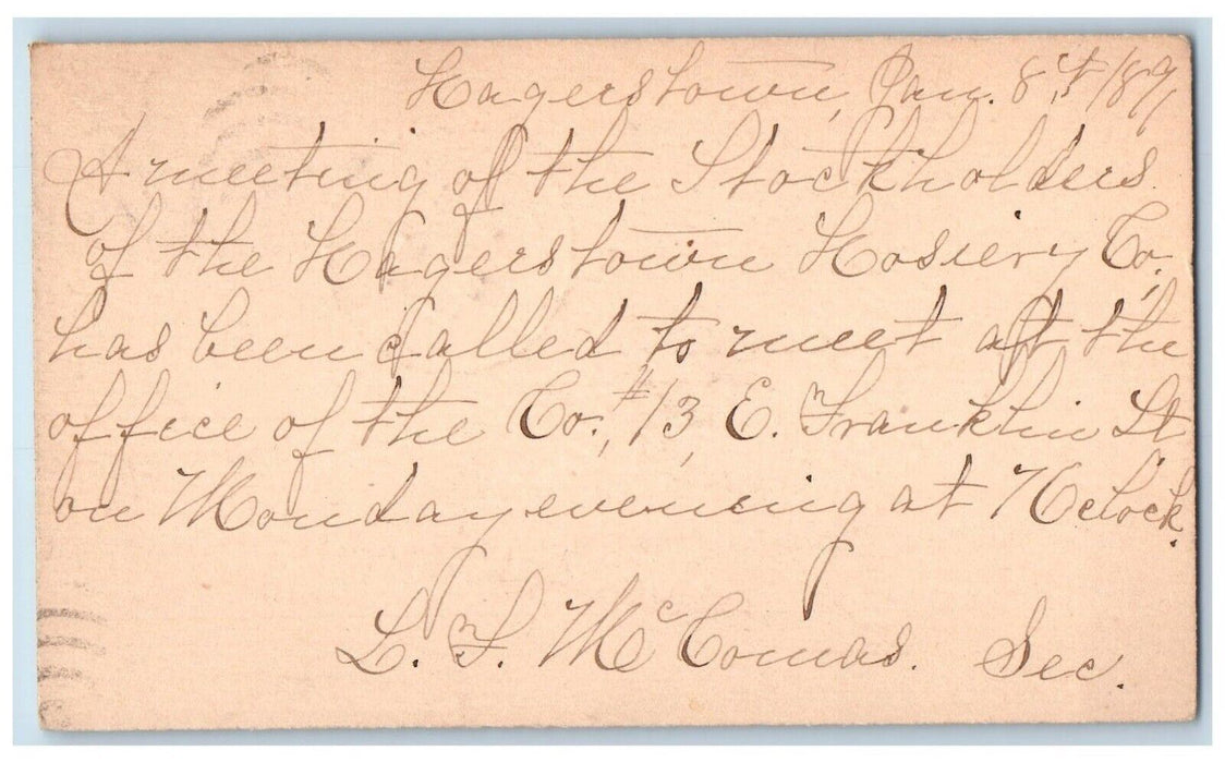 1891 Stockholders Meeting Hosiery Co. Hagerstown Maryland MD Postal Card