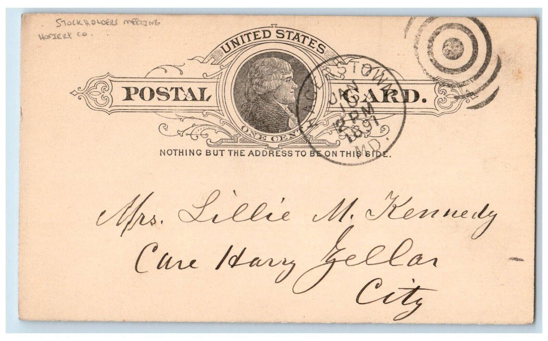 1891 Stockholders Meeting Hosiery Co. Hagerstown Maryland MD Postal Card