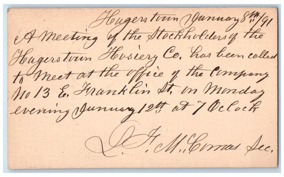 1891 Hosiery Co. Stockholders Meeting at 7 O Clock Hagerstown MD Postal Card