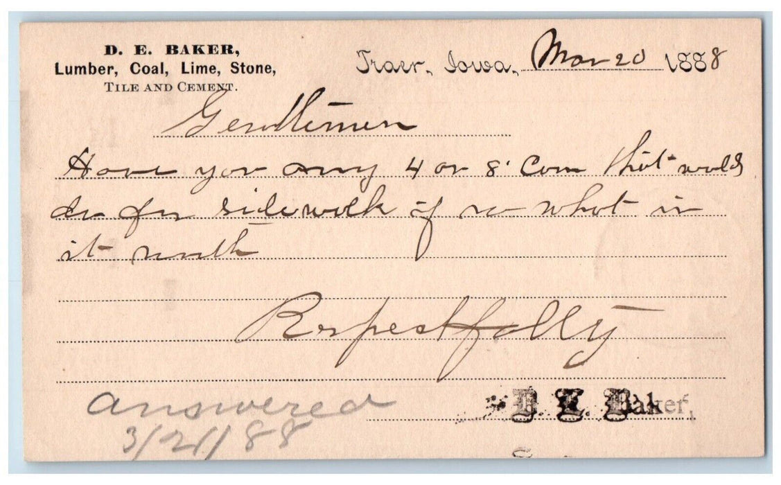 1888 D.E. Baker Lumber Coal Lime Stone Traer Iowa IA Clinton IA Postal Card