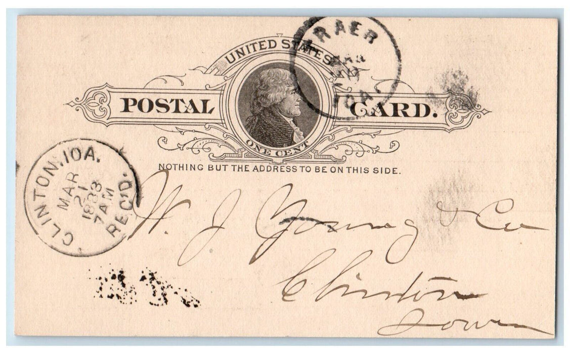 1888 D.E. Baker Lumber Coal Lime Stone Traer Iowa IA Clinton IA Postal Card