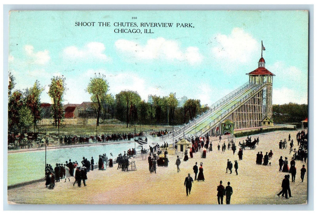 1909 Shoot The Chutes Riverview Park Chicago Illinois IL Antique Postcard