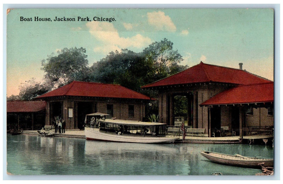 View Of Boat House Jackson Park Chicago Illinois IL, Canoeing Scene Postcard