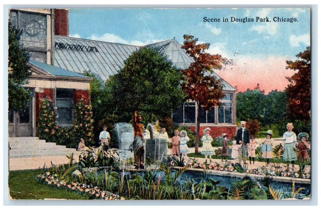 1922 Scene In Douglas Park Fountain View Chicago Illinois IL Vintage Postcard