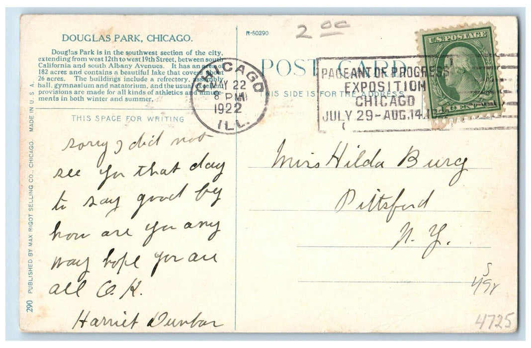 1922 Scene In Douglas Park Fountain View Chicago Illinois IL Vintage Postcard