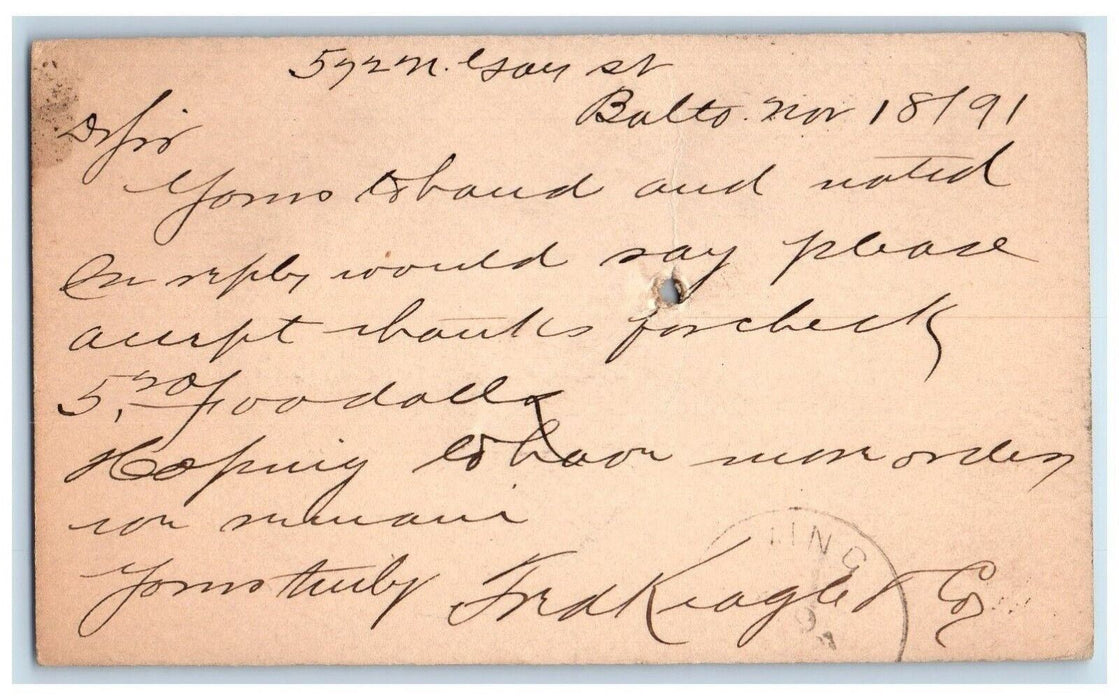 1891 AJ Griest Fleming PA Baltimore Maryland MD Posted Antique Postal Card
