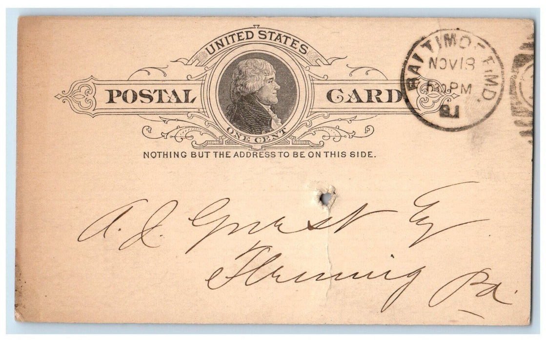 1891 AJ Griest Fleming PA Baltimore Maryland MD Posted Antique Postal Card