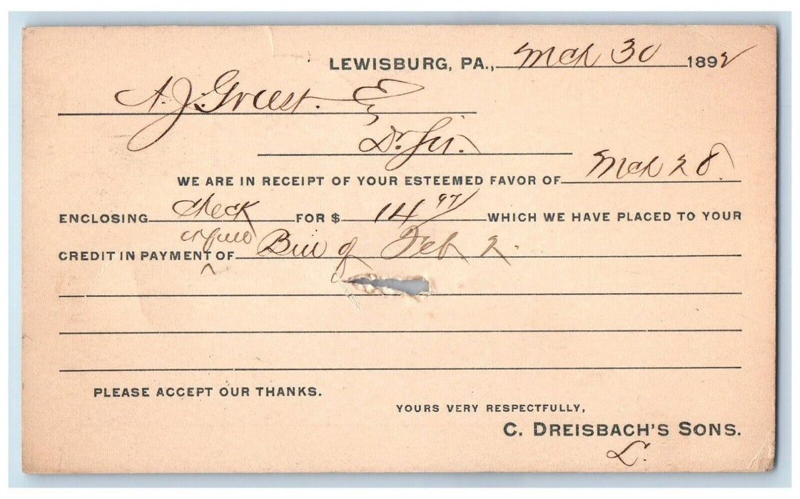 1892 C Dreisbach's Sons Lewisburg Pennsylvania PA Fleming PA Posted Postal Card