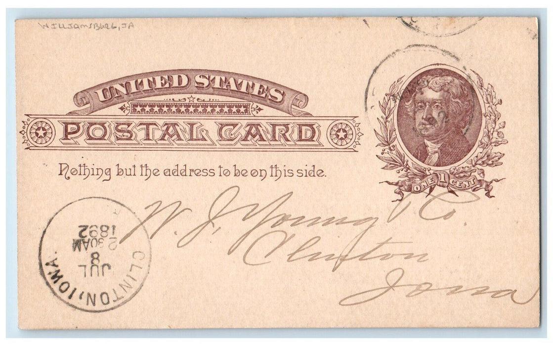1892 Lumber Order WJ Young and Co. Williamsburg IA Clinton Iowa IA Postal Card