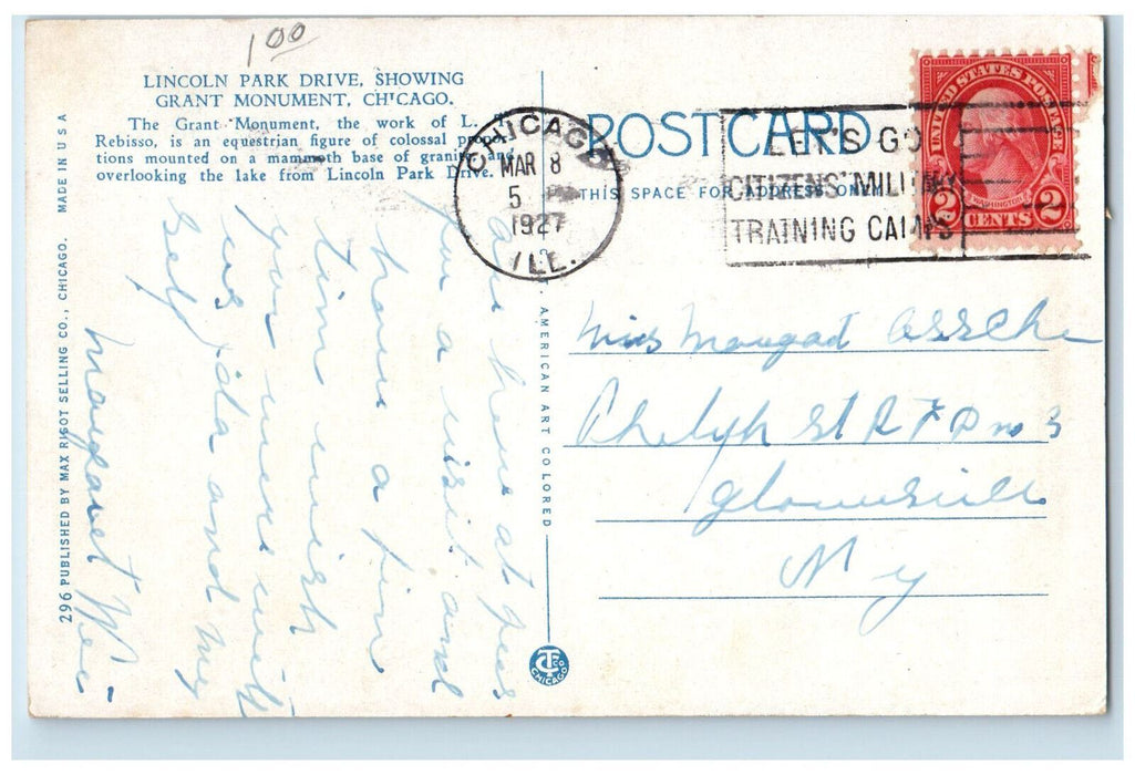 1927 Lincoln Park Drive Showing Grant Monument Chicago Illinois IL Postcard