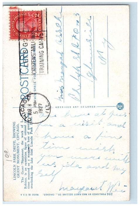 1927 Lincoln Park Drive Showing Grant Monument Chicago Illinois IL Postcard