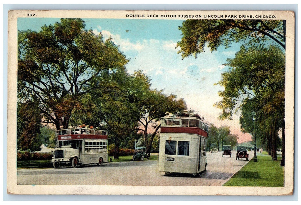 1920 Double Deck Motor Busses On Lincoln Park Drive Chicago Illinois IL Postcard