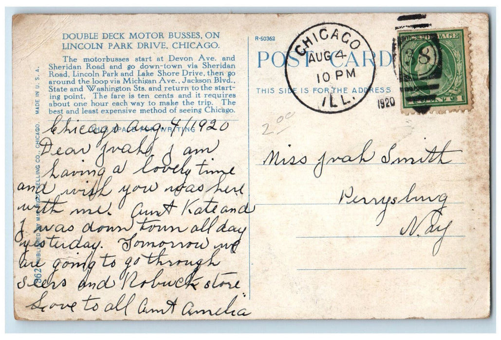 1920 Double Deck Motor Busses On Lincoln Park Drive Chicago Illinois IL Postcard