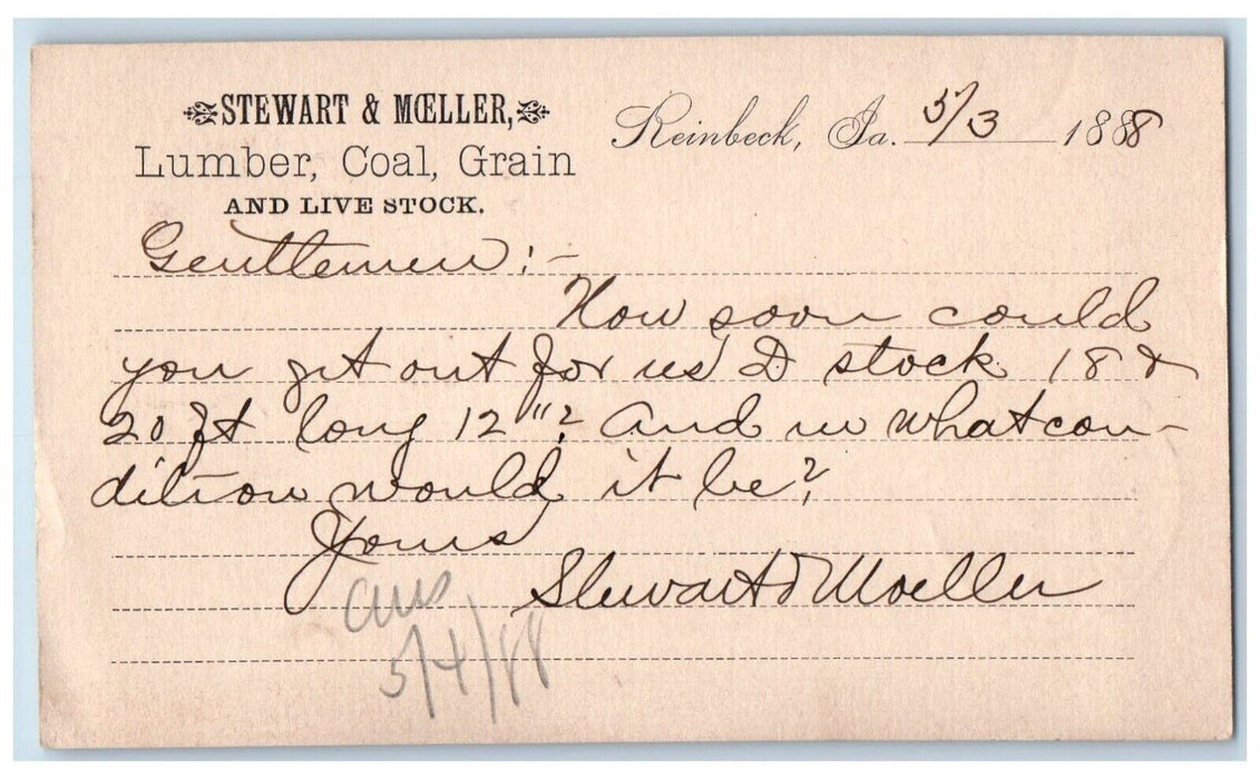 1888 Stewart & Mceller Lumber Coal Grain and Livestock Reinbeck IA Postal Card
