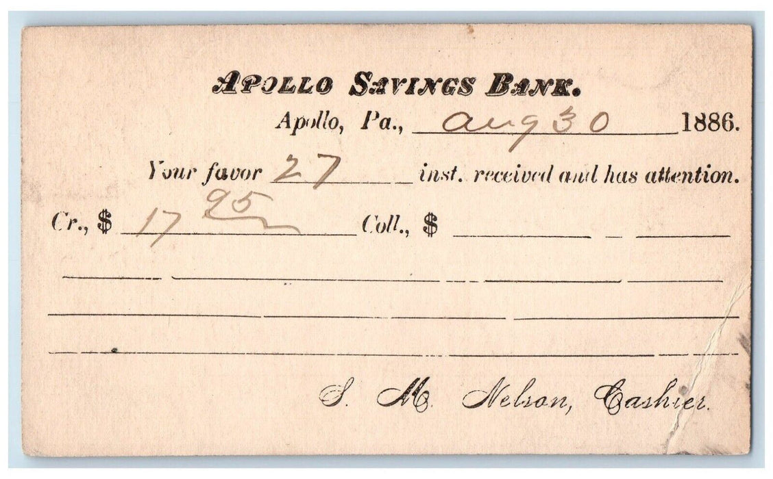 1886 Apollo Savings Apollo Pennsylvania PA Antique Posted Postal Card