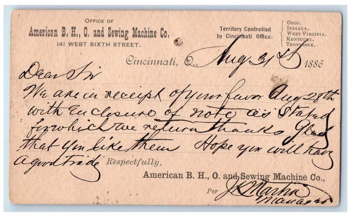 1886 American B.H.O. and Sewing Machine Co. Cincinnati OH Postal Card