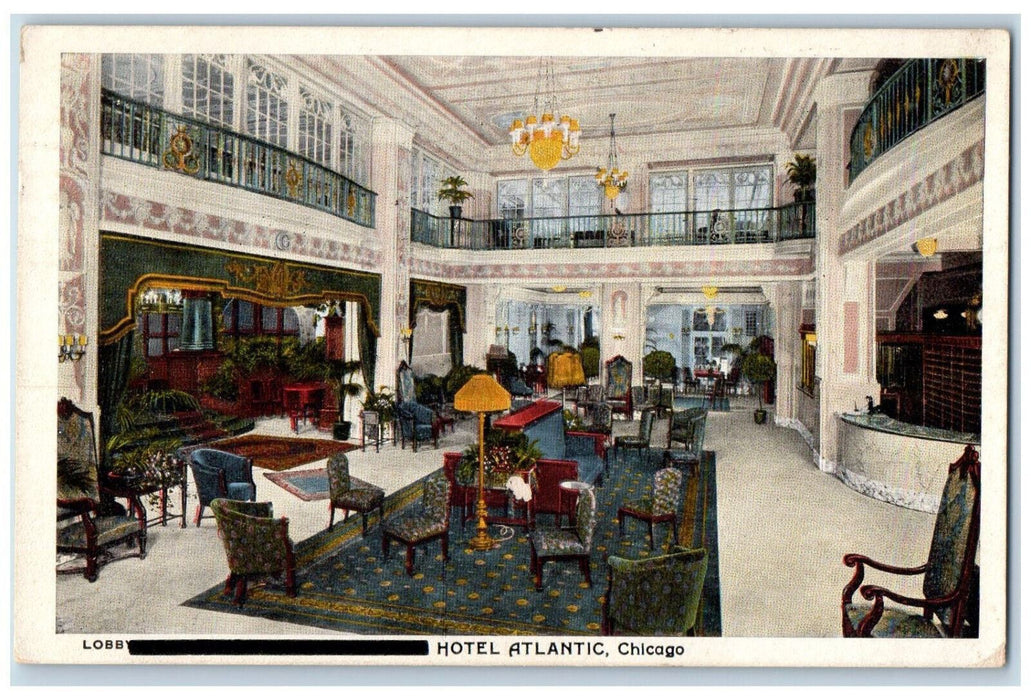 1929 Lobby At Hotel Atlantic Interior Scene Chicago Illinois IL Posted Postcard