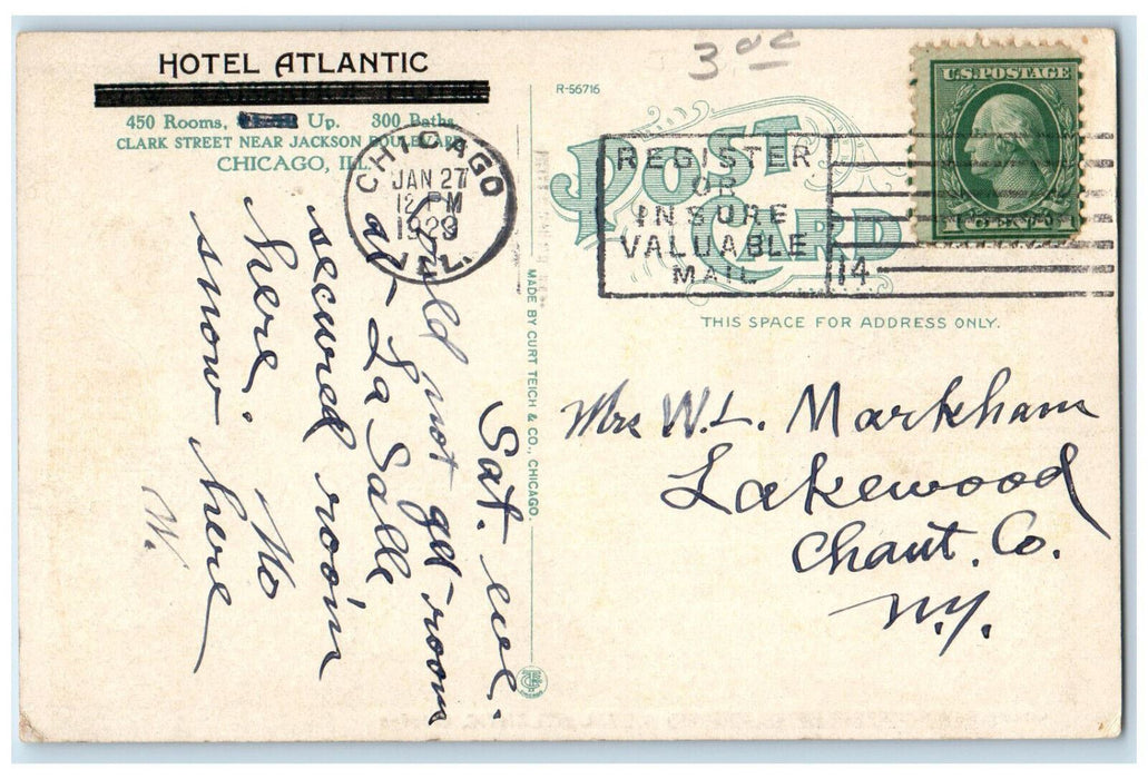 1929 Lobby At Hotel Atlantic Interior Scene Chicago Illinois IL Posted Postcard