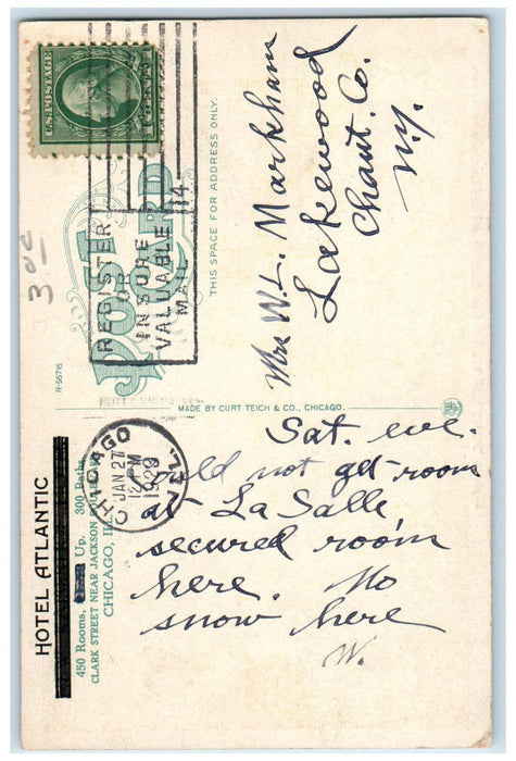 1929 Lobby At Hotel Atlantic Interior Scene Chicago Illinois IL Posted Postcard